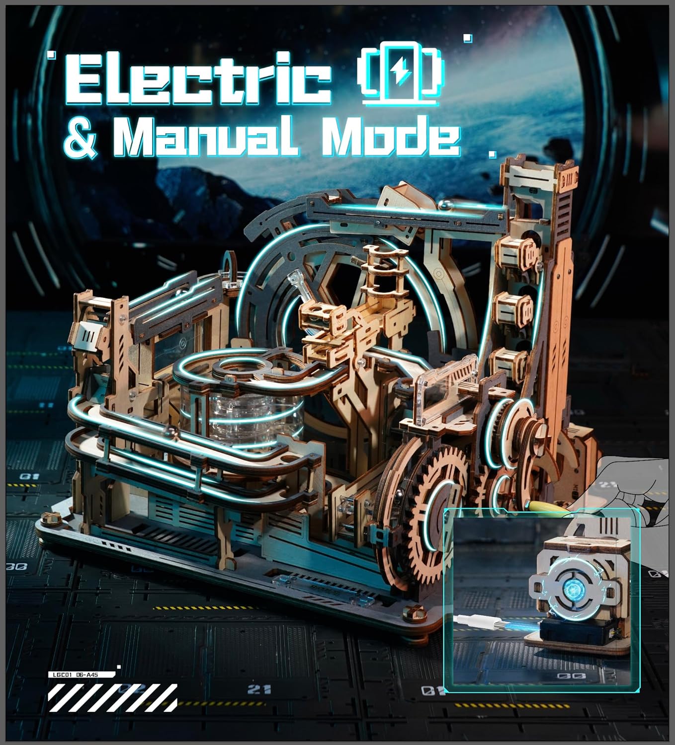 Robotime Rokr Electric Model Kits Marble Spaceport, 3D Wooden Puzzles Brain Teaser Building Toy & Unique Gift