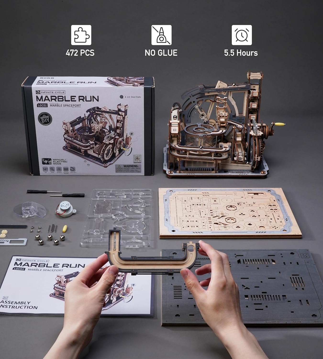 Robotime Rokr Electric Model Kits Marble Spaceport, 3D Wooden Puzzles Brain Teaser Building Toy & Unique Gift