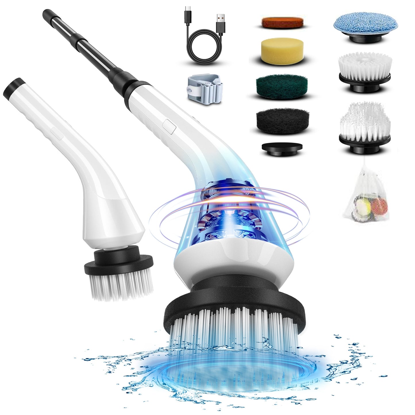 Cordless Electric Spin Scrubber, Power Scrubber with 8 Replaceable Brush Heads & Adjustable Extension Handle