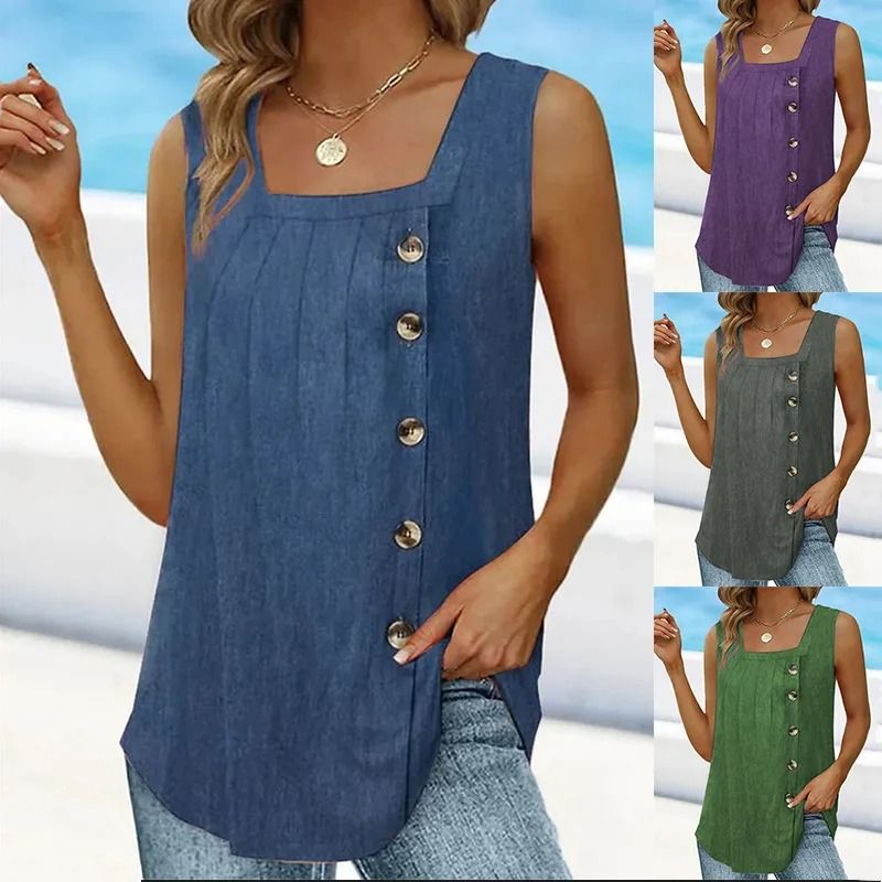 Summer Pleated Square Neck Sleeveless Button Tank Top