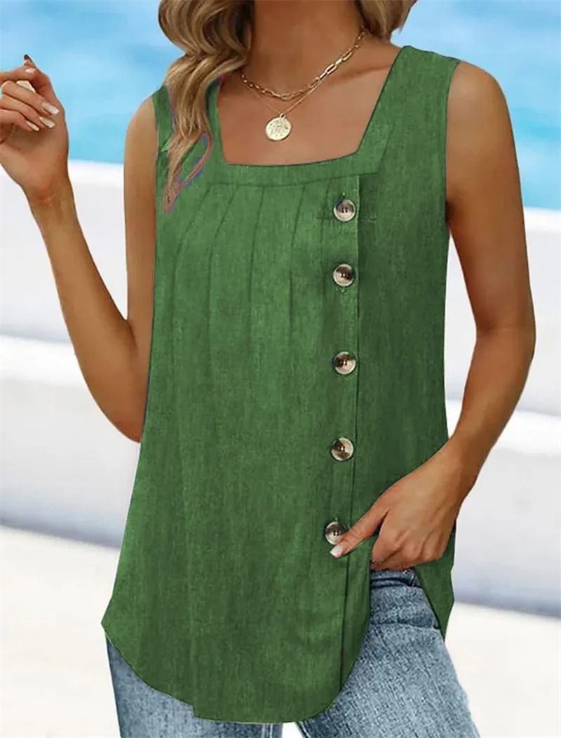 Summer Pleated Square Neck Sleeveless Button Tank Top 2
