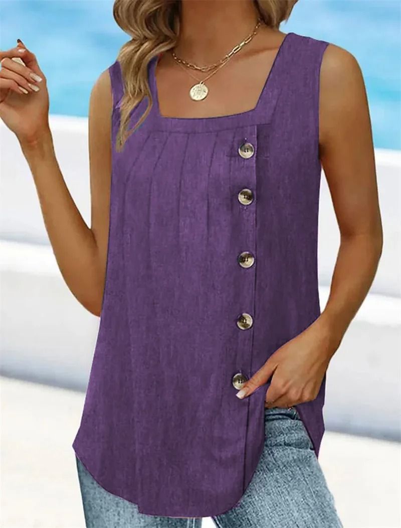 Summer Pleated Square Neck Sleeveless Button Tank Top 4