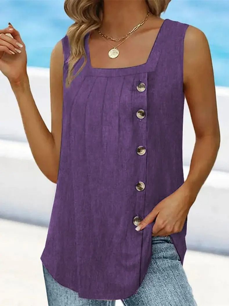 Summer Pleated Square Neck Sleeveless Button Tank Top 6