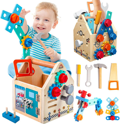 Montessori Wooden Tool Box Set for Kids, Simulation Maintenance Screw Puzzle Pretend Play Repair Toys Educational Gift