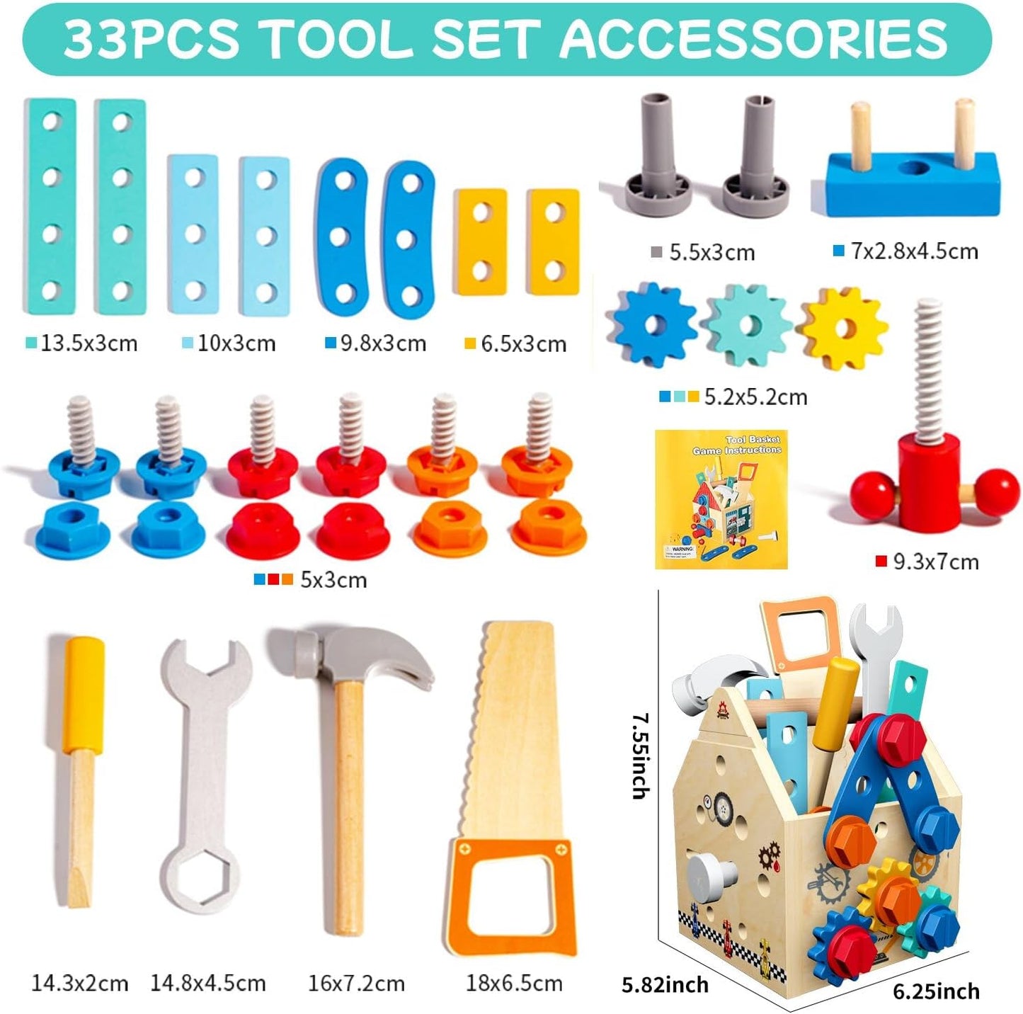 Montessori Wooden Tool Box Set for Kids, Simulation Maintenance Screw Puzzle Pretend Play Repair Toys Educational Gift