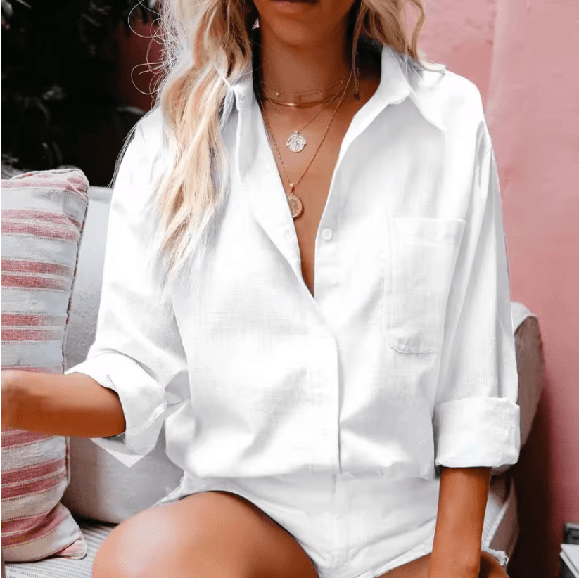 Elegant Cotton Linen Loose Shirt For Women Long Sleeve Button Up Top 4