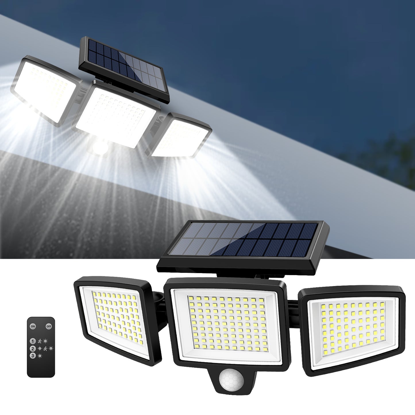 IP Waterproof Triple Head Solar Motion Sensor Safety Light for Garage, Yard, Porch, Patio & Outdoor Security