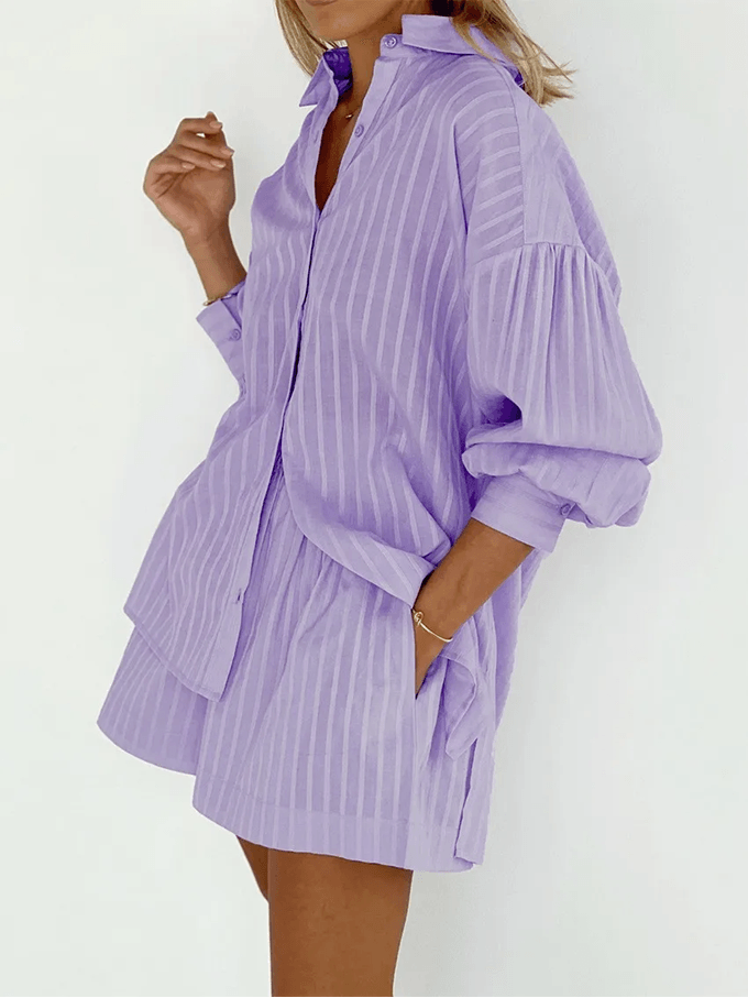 Womens Cotton Two Piece Set With Long Sleeve Shirt And Shorts 3