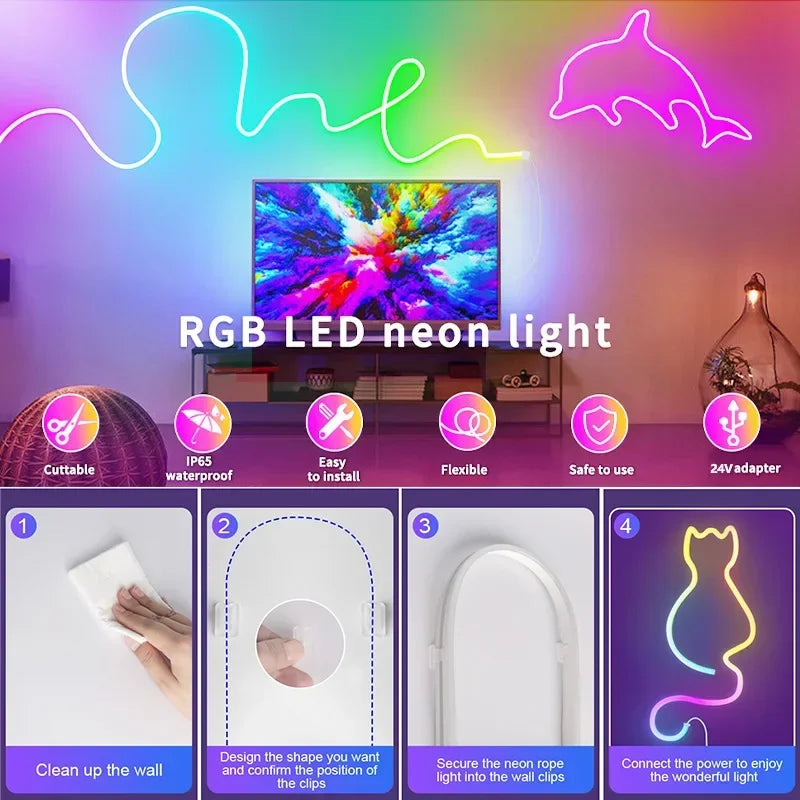 24V RGB Neon LED Lights Strip, Flexible Bluetooth App-Controlled Tape for Wall, Childrens Room, More