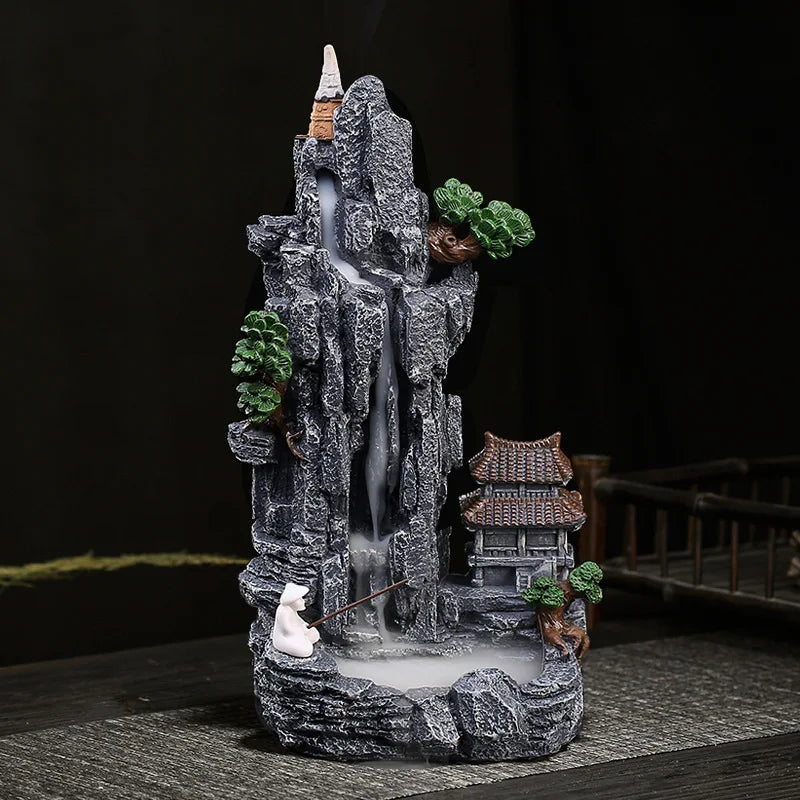 Waterfall Backflow Incense Burner, Zen Meditation Decor with Micro Landscape for Tea Room, Yoga & Relaxation