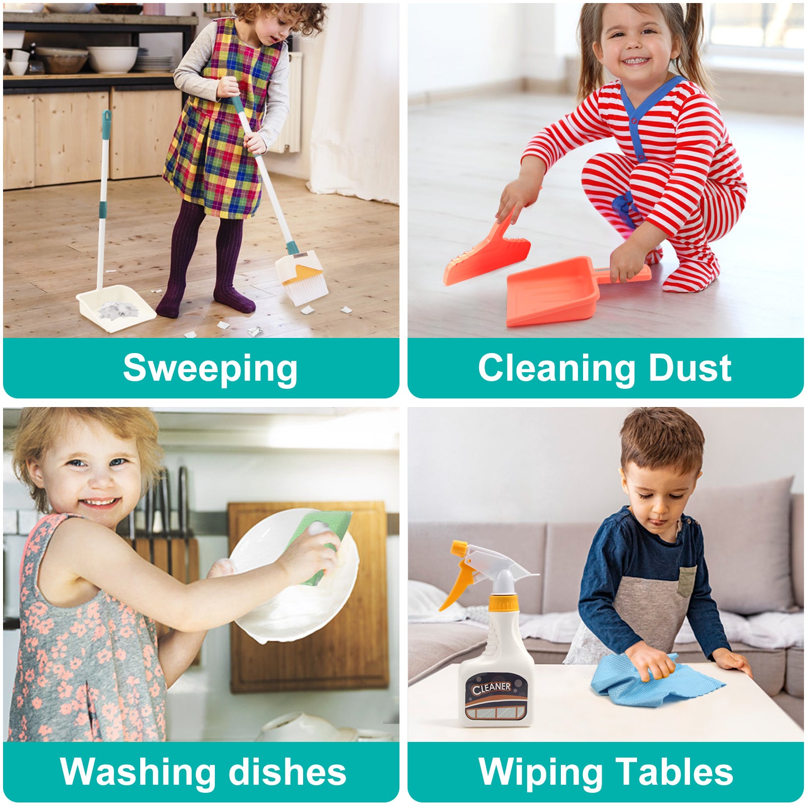 Kids Cleaning Set, Complete Housework Supplies Kit with Dustpan, Broom, Bucket & Mop, Fun Play House Toys