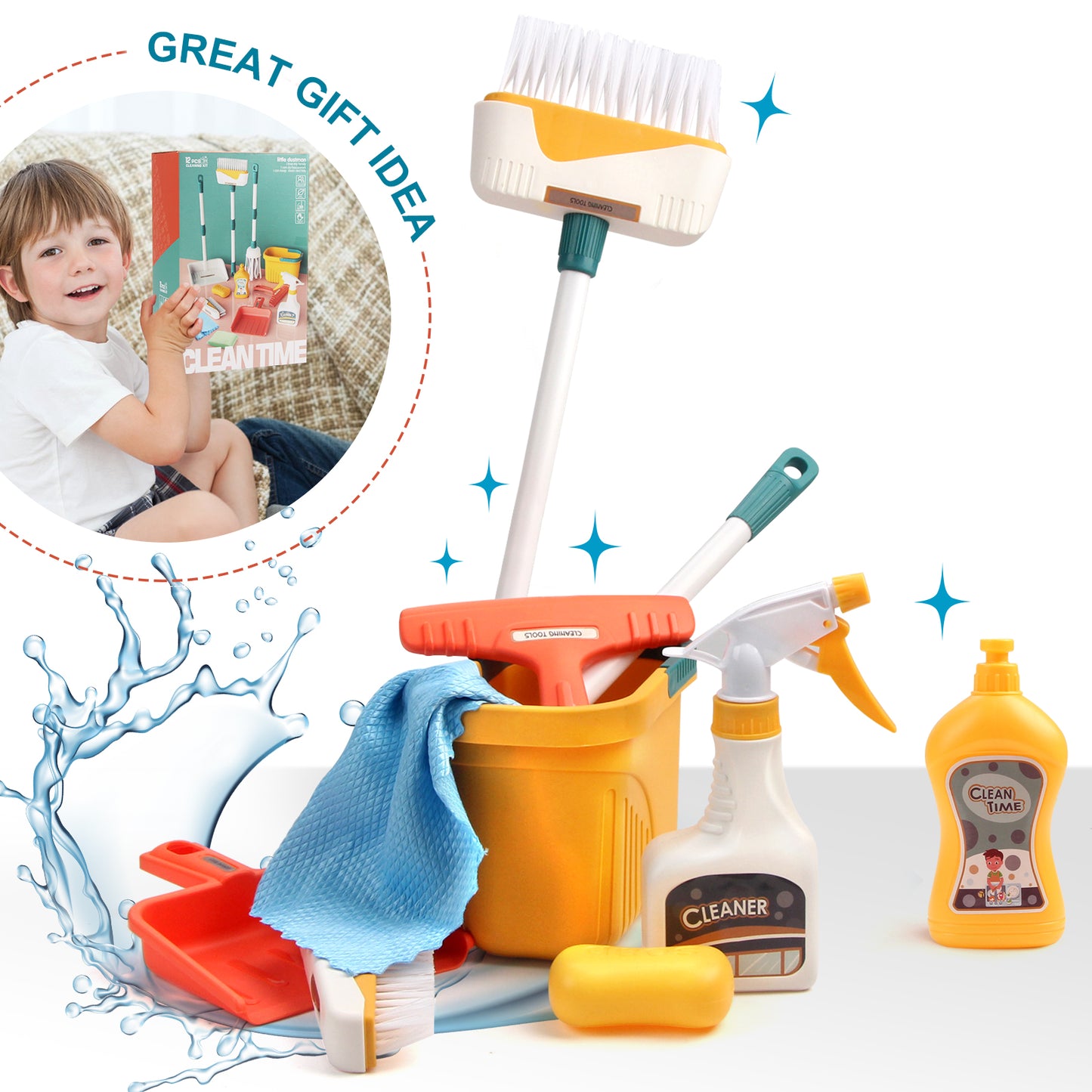 Kids Cleaning Set, Complete Housework Supplies Kit with Dustpan, Broom, Bucket & Mop, Fun Play House Toys