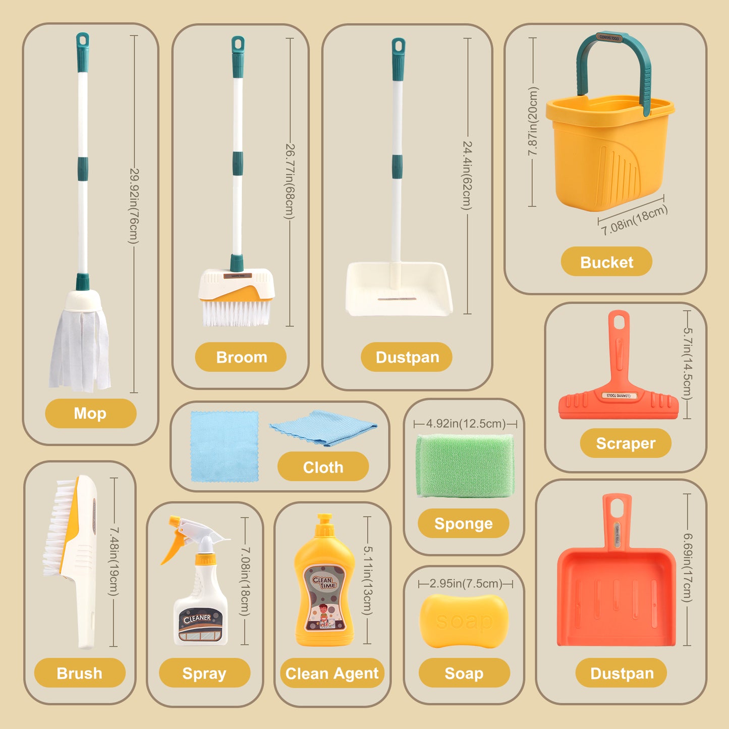 Kids Cleaning Set, Complete Housework Supplies Kit with Dustpan, Broom, Bucket & Mop, Fun Play House Toys