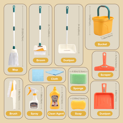Kids Cleaning Set, Complete Housework Supplies Kit with Dustpan, Broom, Bucket & Mop, Fun Play House Toys