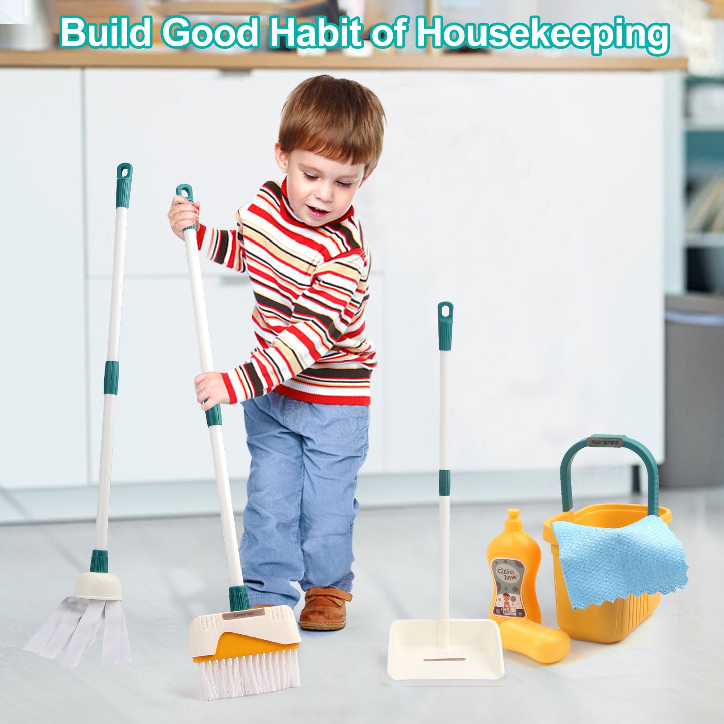 Kids Cleaning Set, Complete Housework Supplies Kit with Dustpan, Broom, Bucket & Mop, Fun Play House Toys