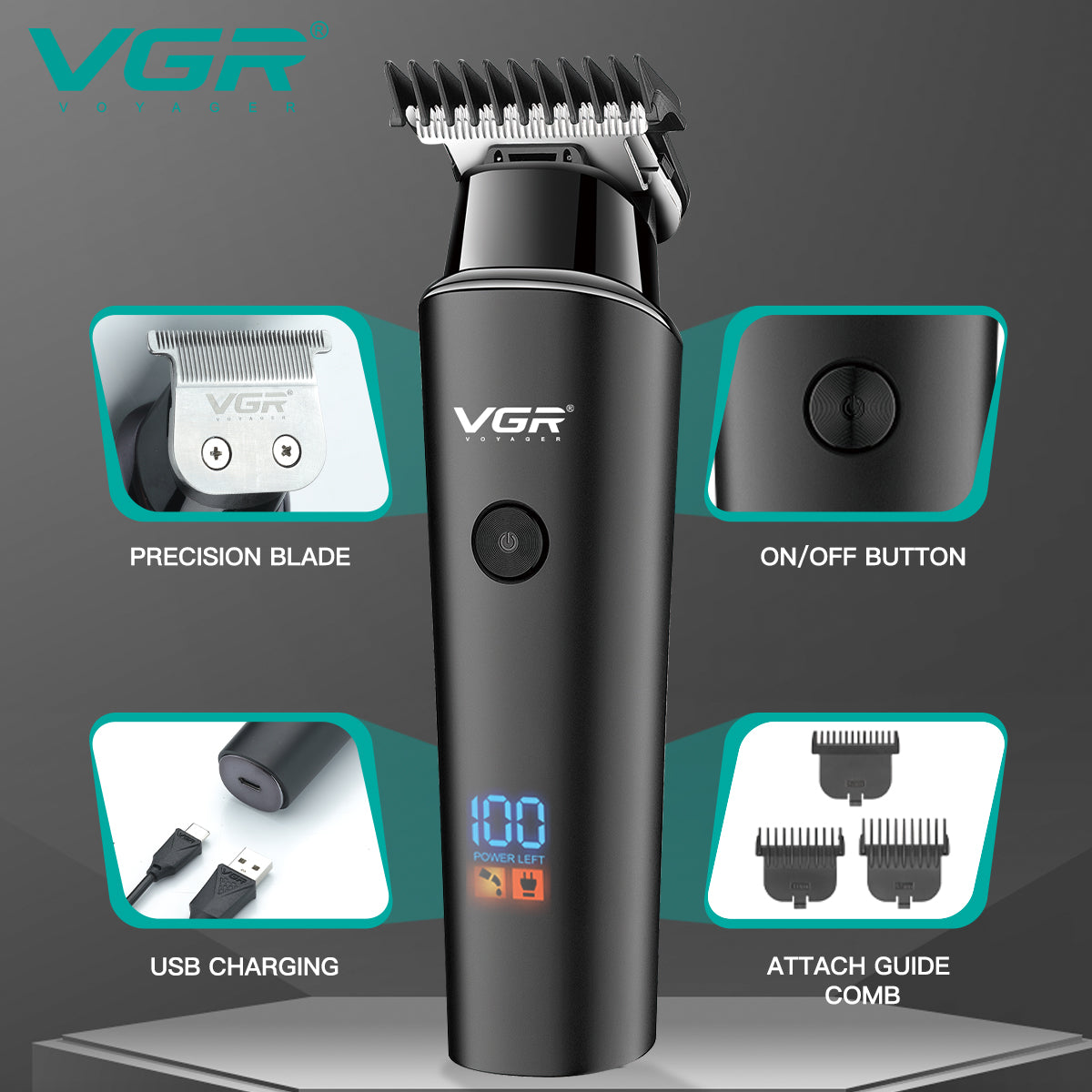 VGR Hair Trimmer Professional Electric Trimmers Cordless Hair Clipper Rechargeable LED Display For  3