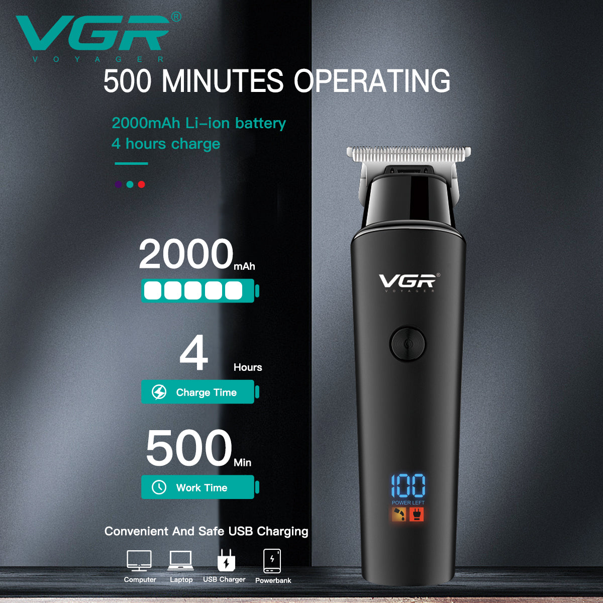 VGR Hair Trimmer Professional Electric Trimmers Cordless Hair Clipper Rechargeable LED Display For  4
