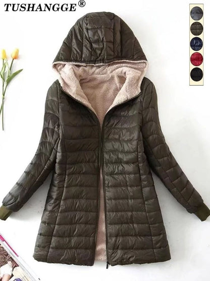 Womens Mid Length Hooded Winter Coat With Warm Lamb Fleece Lining 7