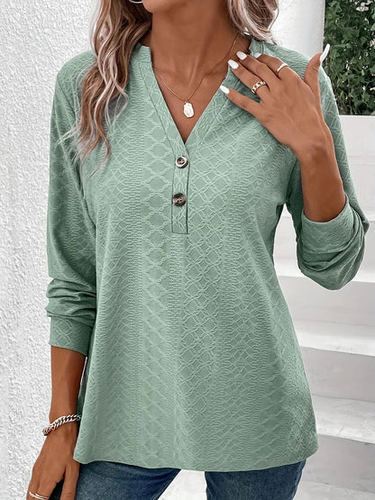 Women Solid Color V Neck Long Sleeve Button Top 2