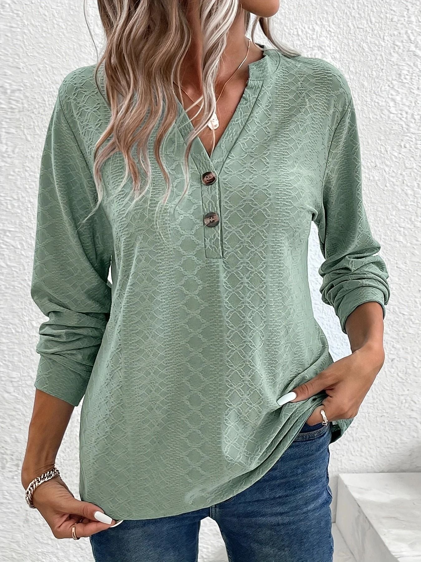 Women Solid Color V Neck Long Sleeve Button Top 3