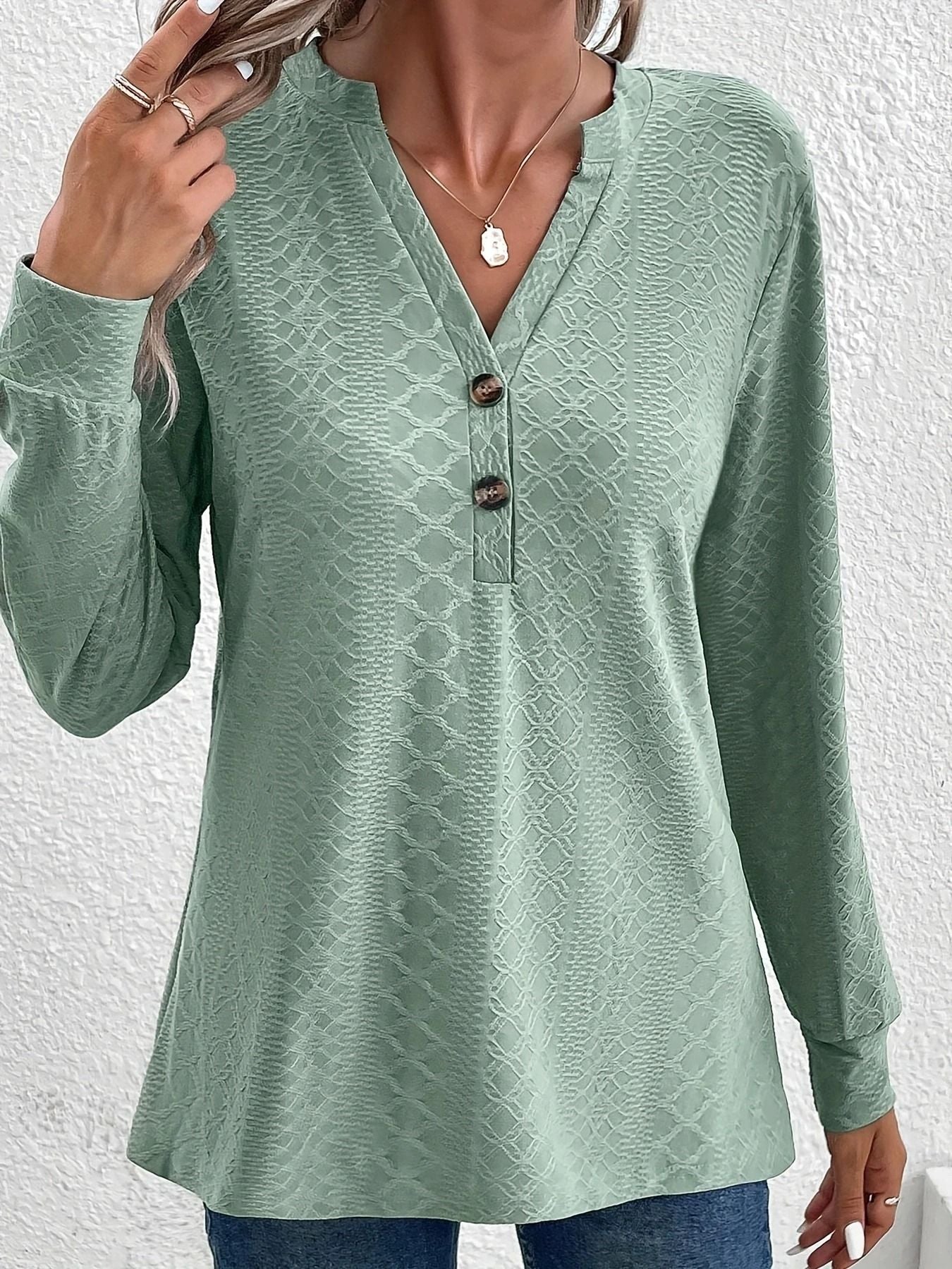 Women Solid Color V Neck Long Sleeve Button Top 4