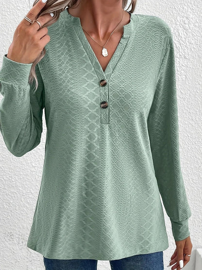 Women Solid Color V Neck Long Sleeve Button Top 4