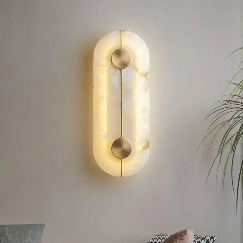 Nordic Modern Marble Stone Wall Lamp, Gold Copper LED Sconce Light for Living Room, Bedroom, Bedside Alabaster Indoor