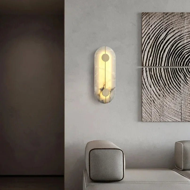 Nordic Modern Marble Stone Wall Lamp, Gold Copper LED Sconce Light for Living Room, Bedroom, Bedside Alabaster Indoor