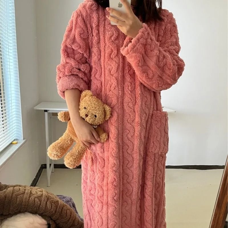 Warm Plus Size Flannel Pajamas with Hooded Bathrobe Design