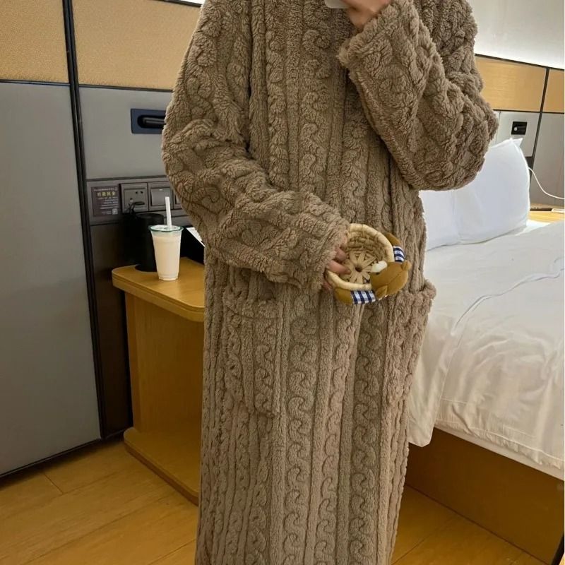 Warm Plus Size Flannel Pajamas With Hooded Bathrobe Design 9