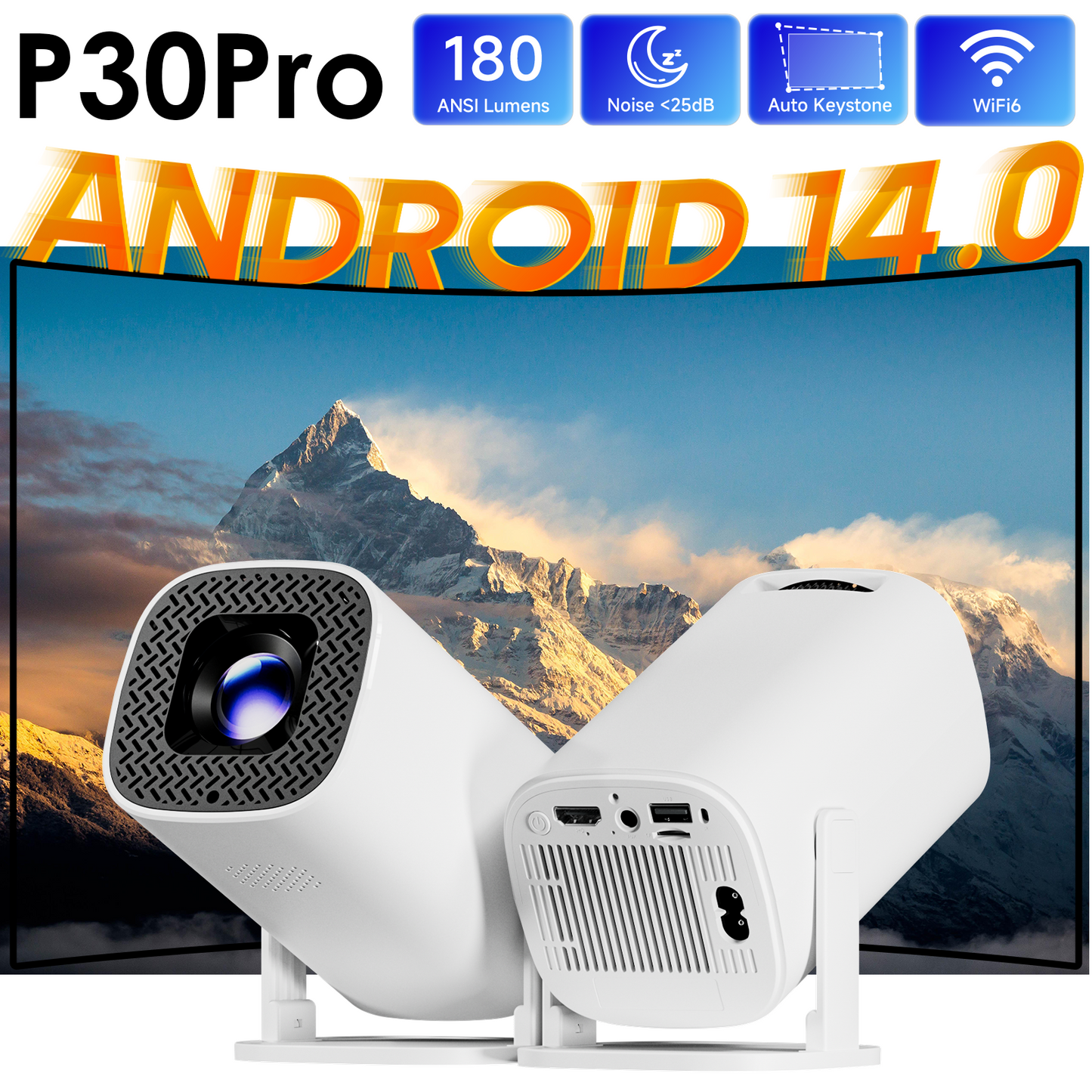 Android Mini Projector, 4K HD Video, WiFi , BT, Native 720p Smart Portable Home Theater Projector for Indoor & Outdoor