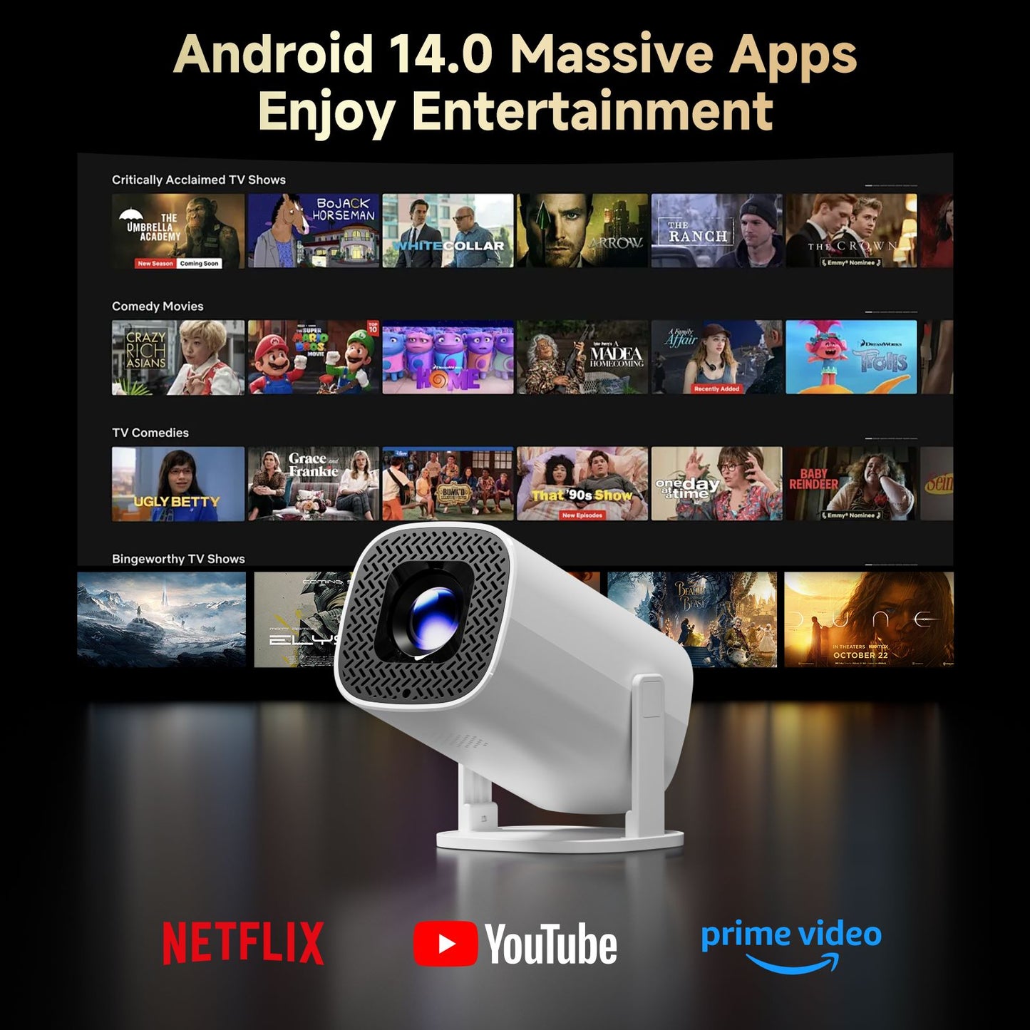 Android Mini Projector, 4K HD Video, WiFi , BT, Native 720p Smart Portable Home Theater Projector for Indoor & Outdoor