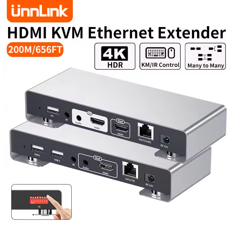 Unnlink HDMI KVM Extender 200m Over IP, 4K 30Hz Ethernet Extender with USB, IR, EDID, Share Mouse/Keyboard to Monitor