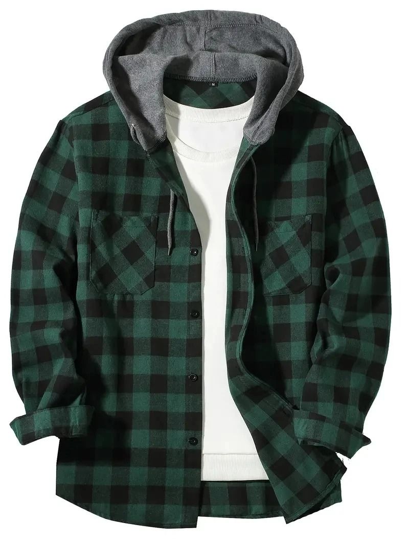 Mens Hooded Plaid Shirt Casual Slim Fit Long Sleeve Jacket 1