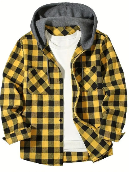 Mens Hooded Plaid Shirt Casual Slim Fit Long Sleeve Jacket 3