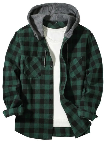Mens Hooded Plaid Shirt Casual Slim Fit Long Sleeve Jacket 9