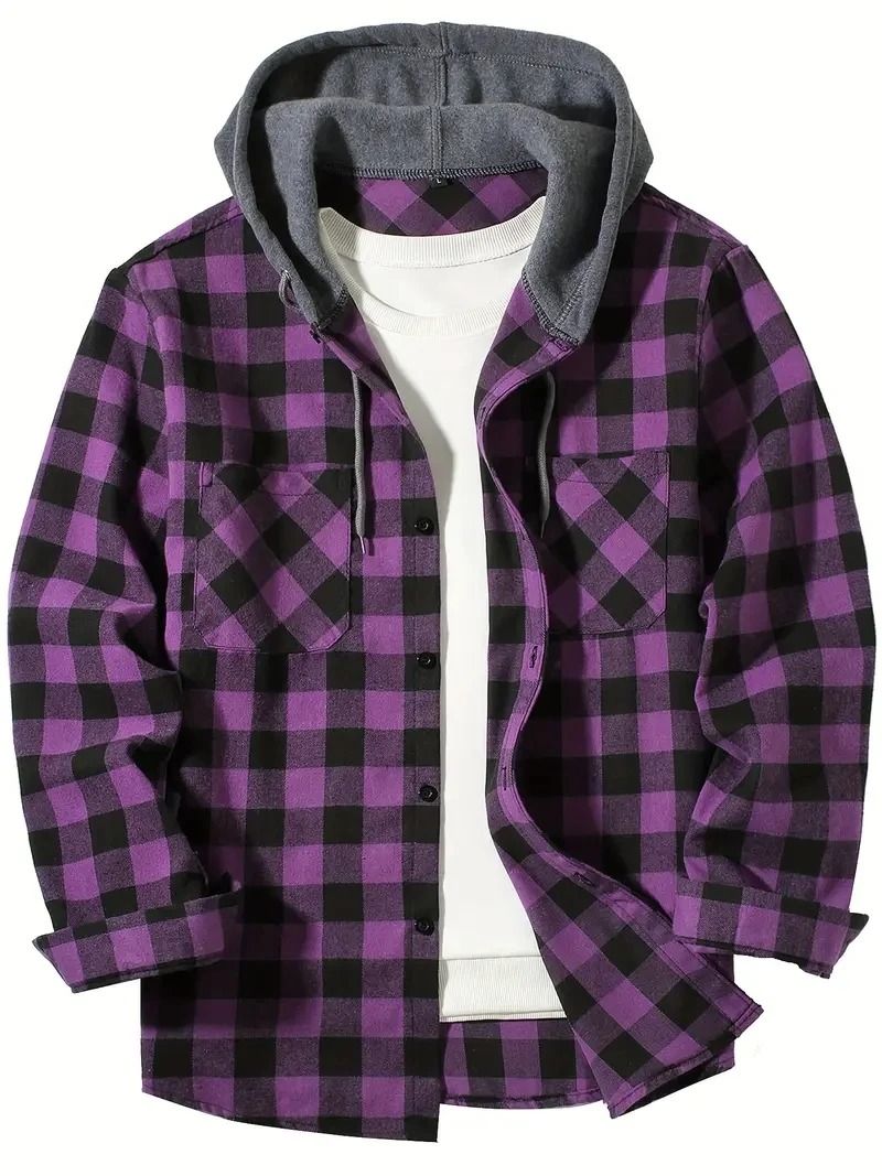 Mens Hooded Plaid Shirt Casual Slim Fit Long Sleeve Jacket 10