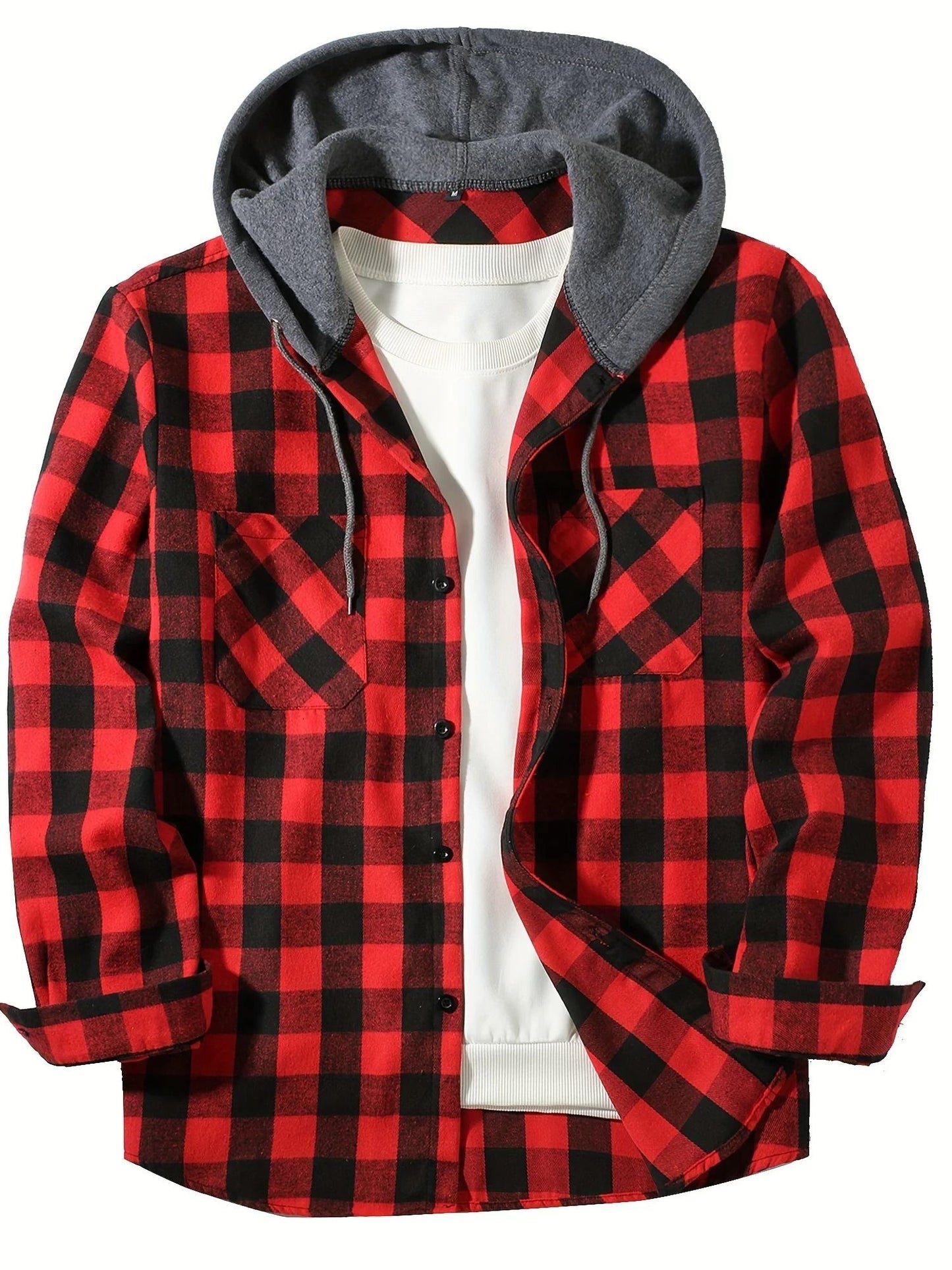 Mens Hooded Plaid Shirt Casual Slim Fit Long Sleeve Jacket 11