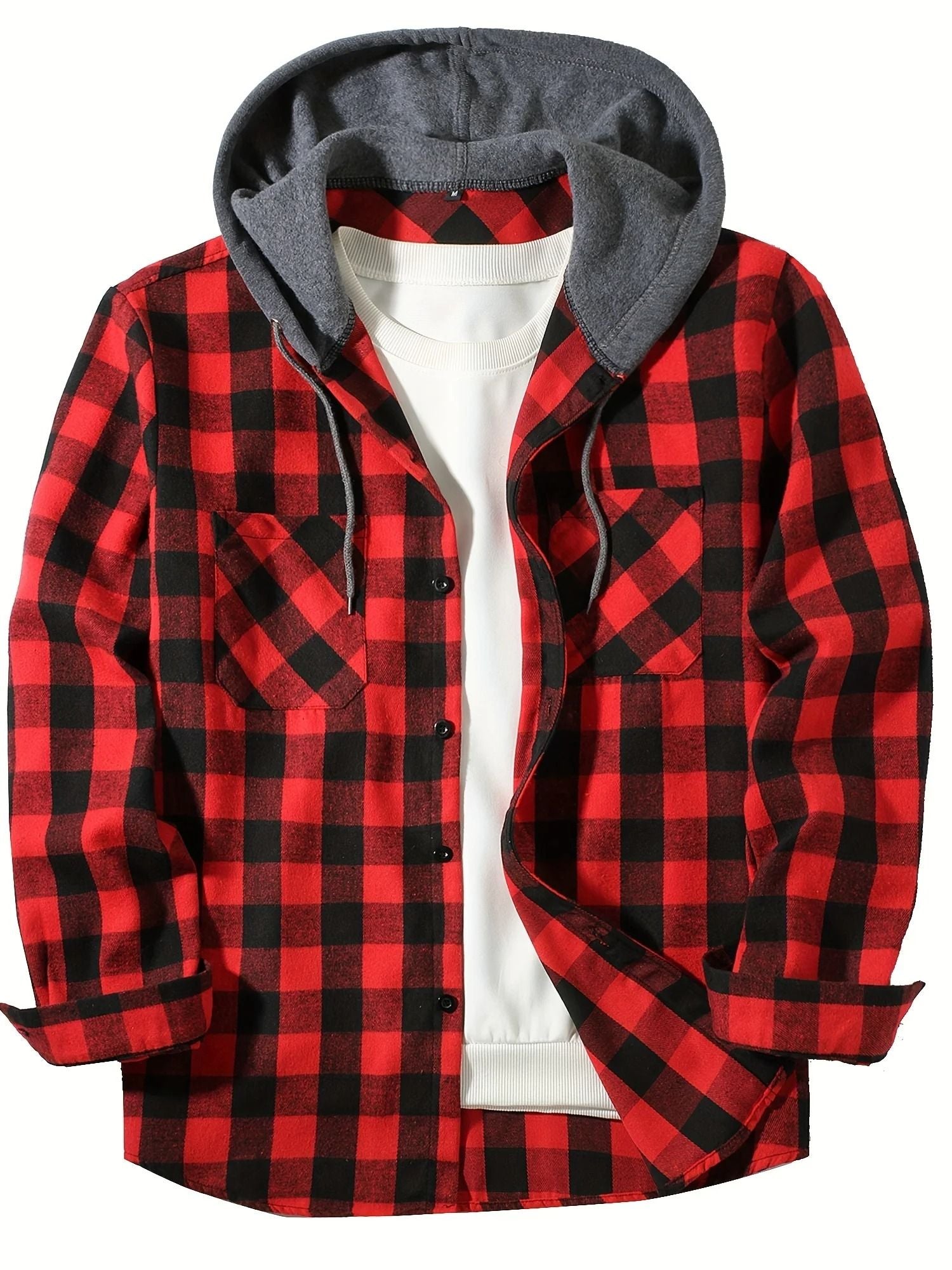 Mens Hooded Plaid Shirt Casual Slim Fit Long Sleeve Jacket 11