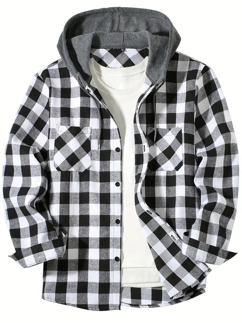Mens Hooded Plaid Shirt Casual Slim Fit Long Sleeve Jacket 7