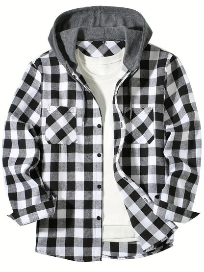 Mens Hooded Plaid Shirt Casual Slim Fit Long Sleeve Jacket 7