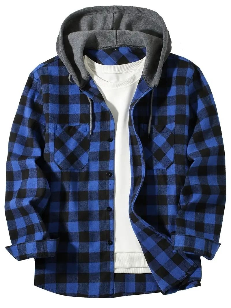 Mens Hooded Plaid Shirt Casual Slim Fit Long Sleeve Jacket 8