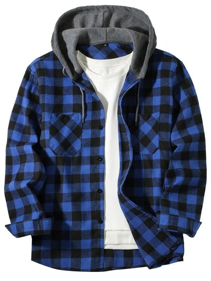 Mens Hooded Plaid Shirt Casual Slim Fit Long Sleeve Jacket 8