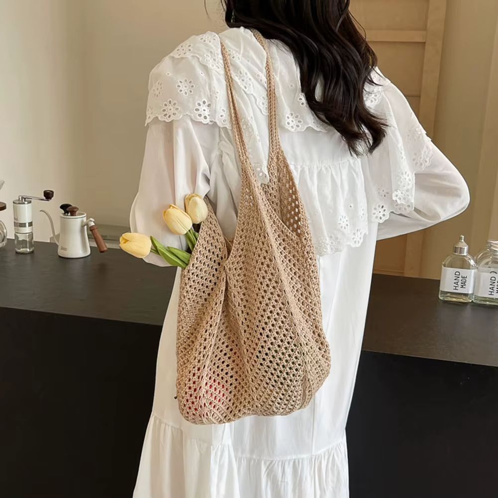 Womens Crochet Shoulder Bag Large Capacity Knitted Tote Summer Mesh Beach Hobo Handbag