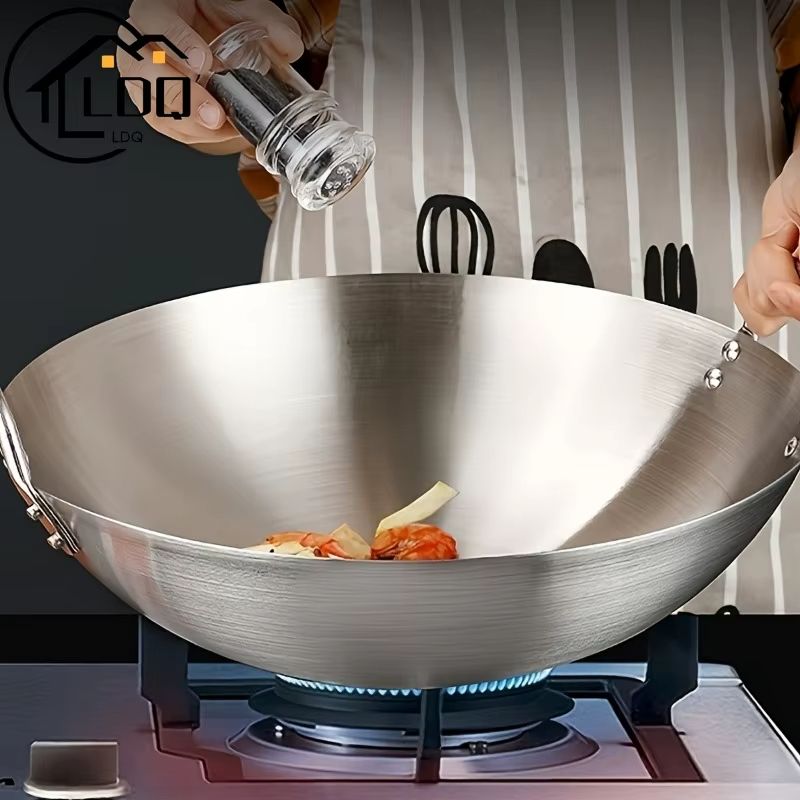 Large Stainless Steel Wok Pan Durable Uncoated Chef Pan with Dual Handles Easy to Clean