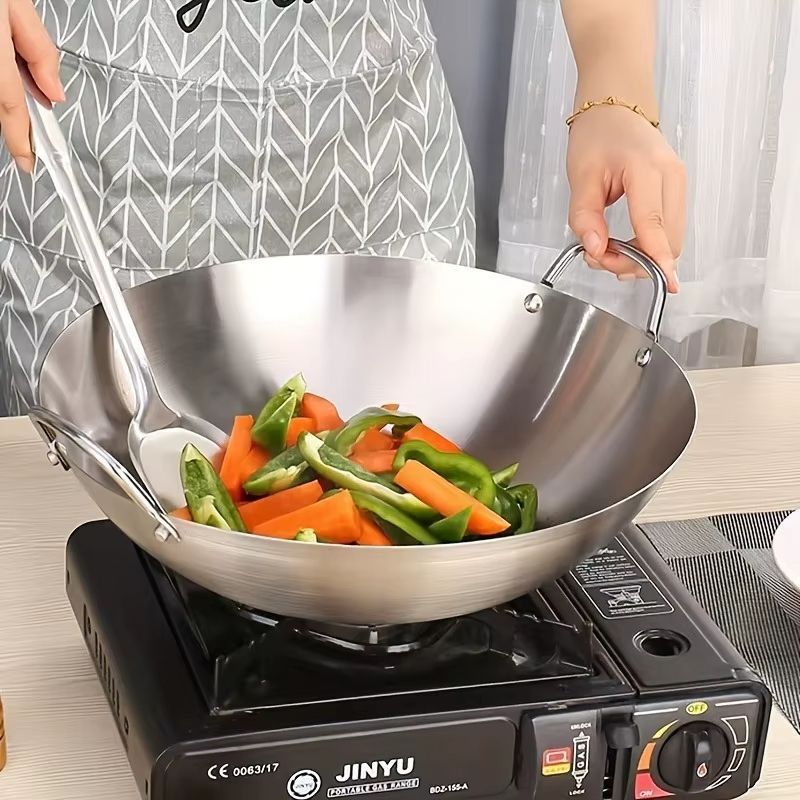 Large Stainless Steel Wok Pan Durable Uncoated Chef Pan With Dual Handles Easy To Clean 1