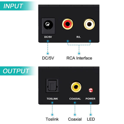 ADC Analog To Digital Audio Converter RCA To Optical Toslink  Coaxial Adapter Transform Analog LR 3