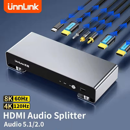 Unnlink 8K HDMI Audio Extractor, Splitter,4K 120Hz, Toslink, SPDIF Optical, Coaxial, 3.5mm Output for PS5, Soundbar