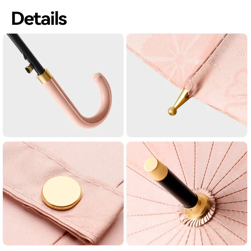 Luxury Windproof Umbrella with Strong Ribs, Long Handle Rain Umbrella for Women, Semi-Automatic Golf, Large Waterproof