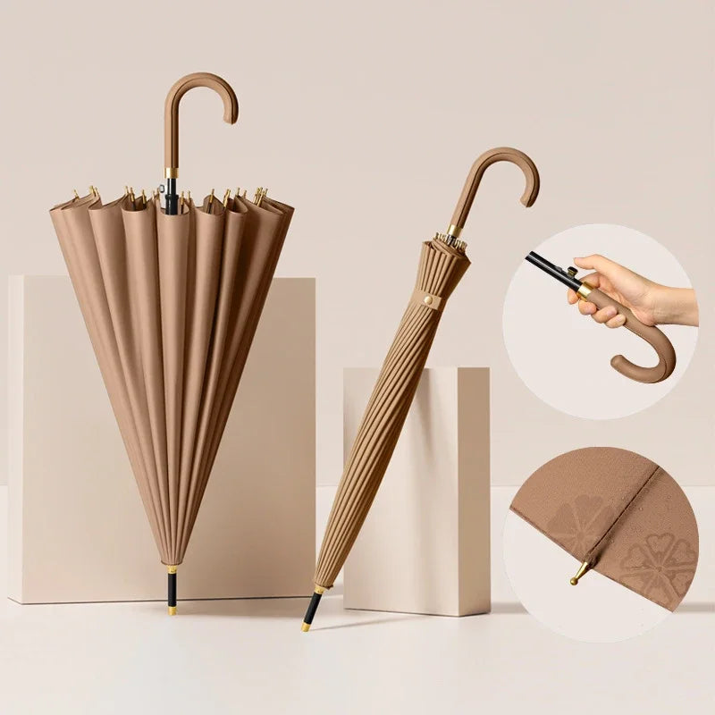Luxury Windproof Umbrella with Strong Ribs, Long Handle Rain Umbrella for Women, Semi-Automatic Golf, Large Waterproof